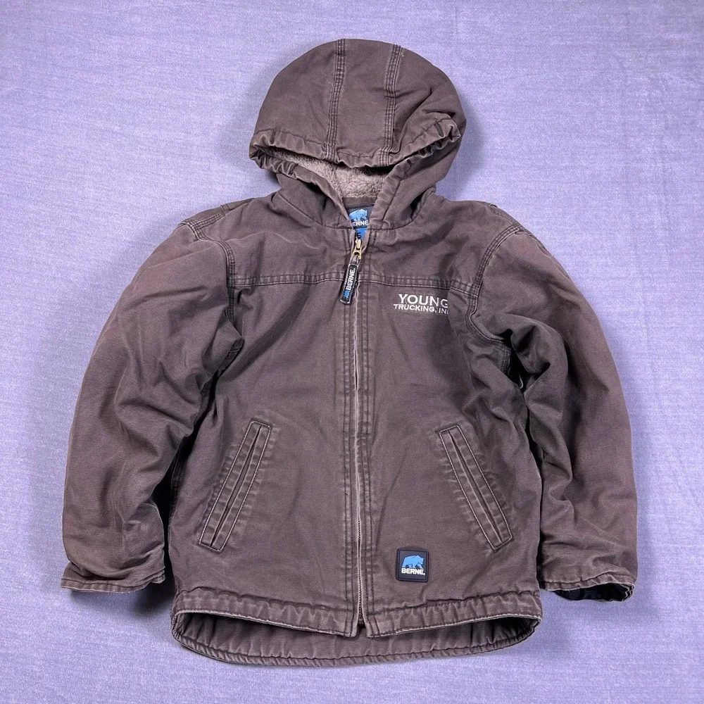 Berne Sherpa Lined Hooded Canvas Work Jacket Youth Small 7-8 Brown‎ Cotton